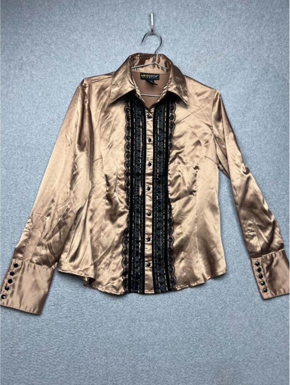 Metrostyle Vintage Satin Blouse 12 Gold Tuxedo Lace Velvet Trim Button Up Shirt